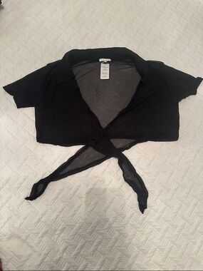 Black Mesh Tie-Front Short Sleeve Crop Top